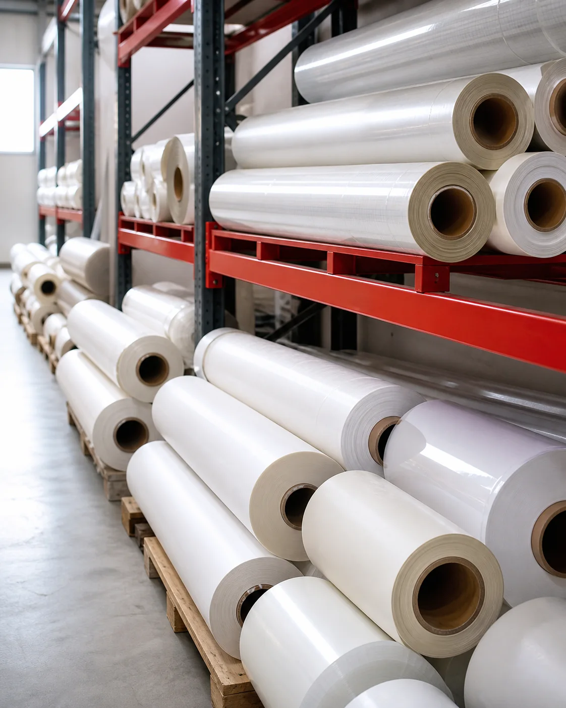 Các cuộn vật liệu được sắp xếp trên hệ thống kệ kho